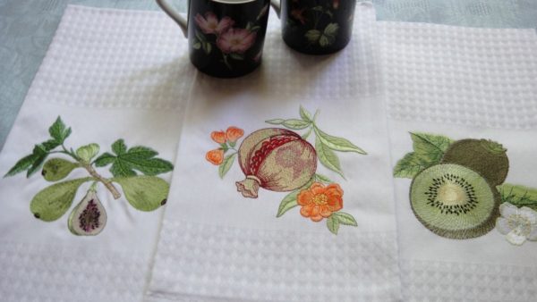 Pomegranate towel embroidery, green kiwi figs fruits kitchen decor white cotton tea towels, dishcloths, birthday gifts for friend