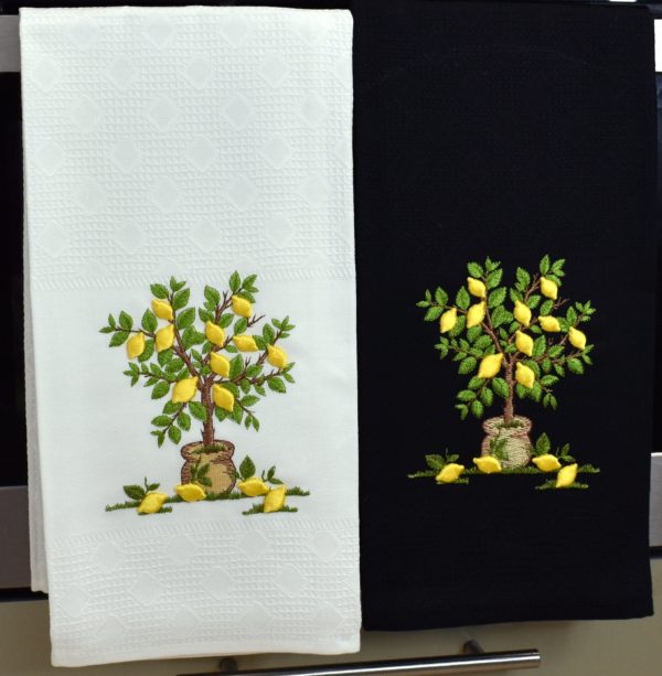 Citrus tree tea towel, embroidered kitchen with lemon fruits, dishcloths, white hand towels, fresh green waffle fingertip, thankful gifting