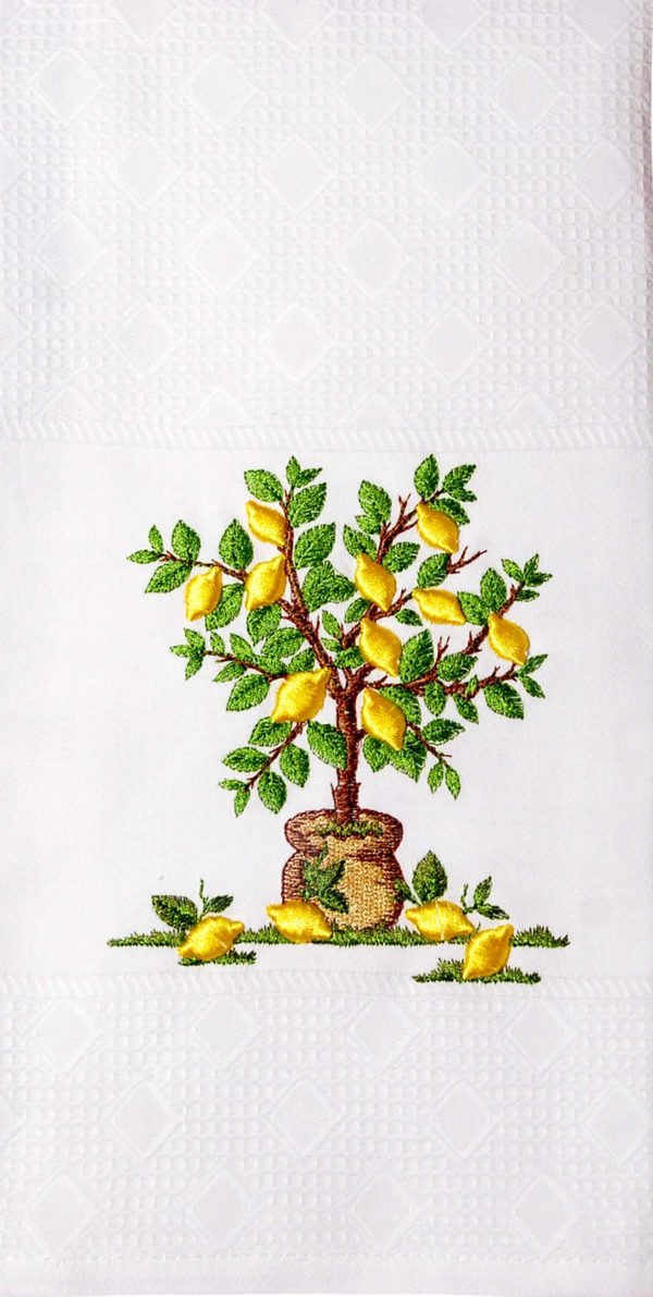 Citrus tree tea towel, embroidered kitchen with lemon fruits, dishcloths, white hand towels, fresh green waffle fingertip, thankful gifting - Image 2