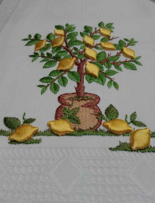 Citrus tree tea towel, embroidered kitchen with lemon fruits, dishcloths, white hand towels, fresh green waffle fingertip, thankful gifting - Image 4