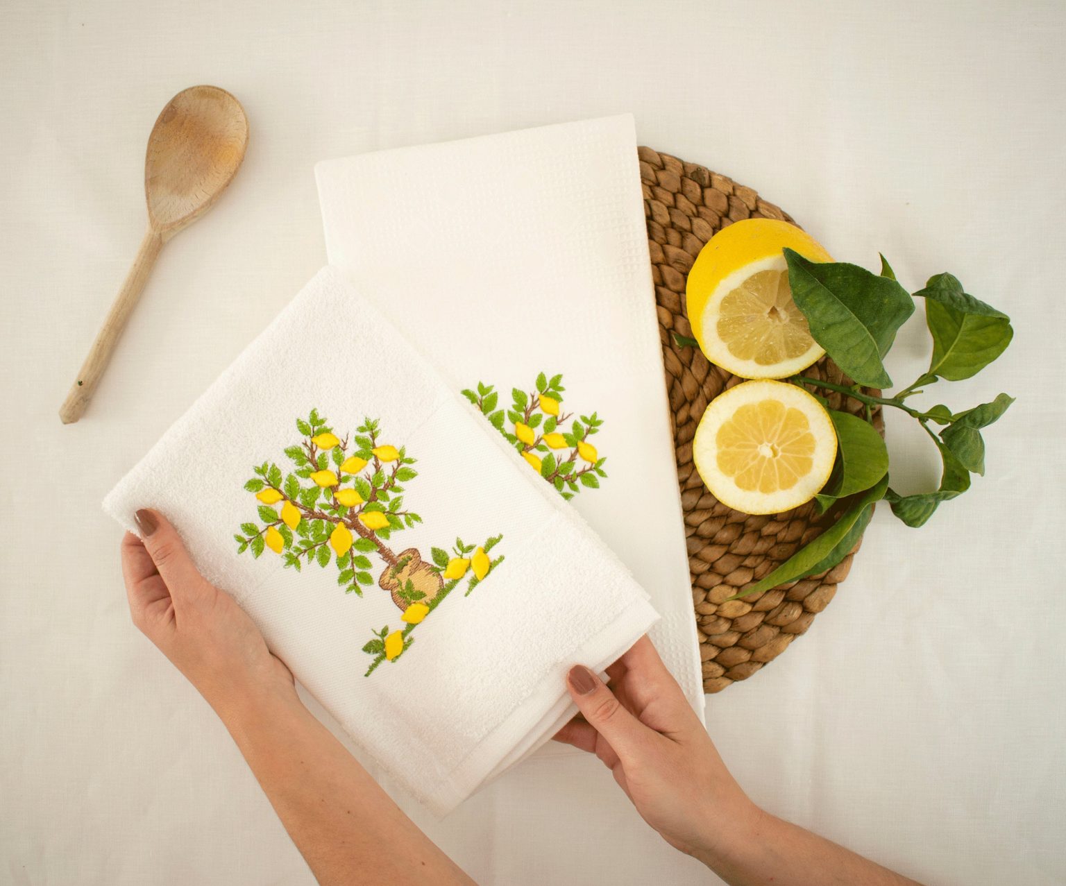 Lemons embroidery towel Yellow citrus dishcloths. Lemon tree fruits