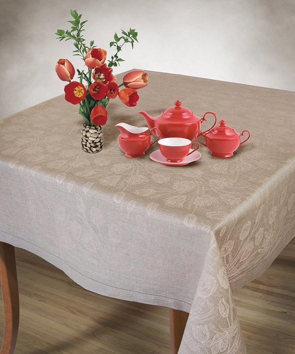 Pink tulips Tablecloth Jacquard Fine pure linen tablecloths long rectangle square floral damask dining linens Housewarming Thanksgiving gift