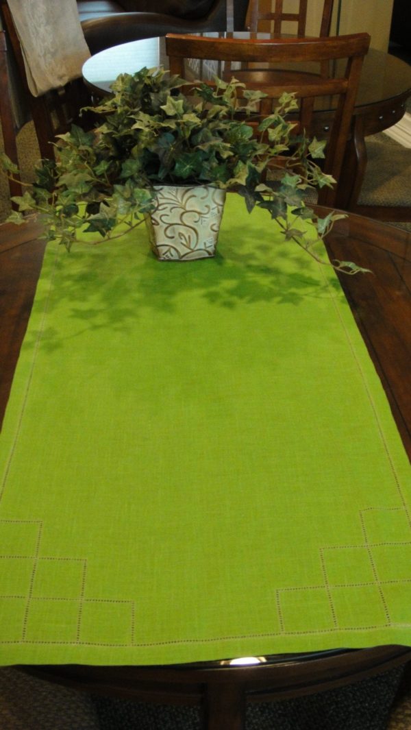 Green Pure Linen Runner 63 by 20 inches Hand made Hemstitched Table Topper Green Table Decor Toppers - Image 2