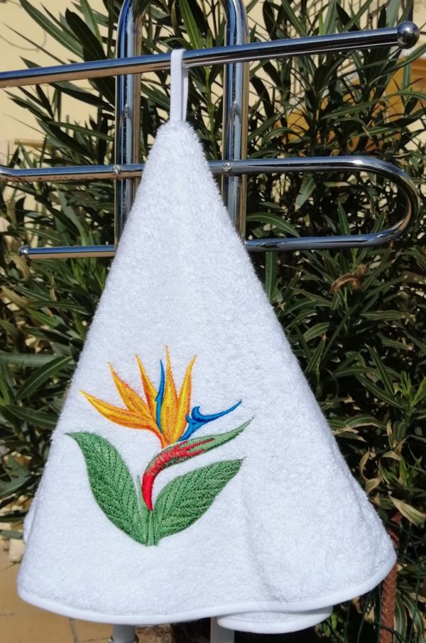 bird of paradise round towel, Madeira flower kitchen towels, hand guest towel, floral bathroom decor, embroidered gift for wife