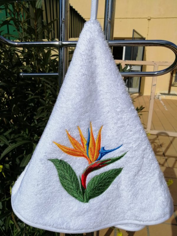 bird of paradise round towel, Madeira flower kitchen towels, hand guest towel, floral bathroom decor, embroidered gift for wife - Image 3