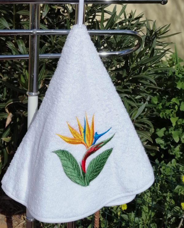 bird of paradise round towel, Madeira flower kitchen towels, hand guest towel, floral bathroom decor, embroidered gift for wife - Image 8