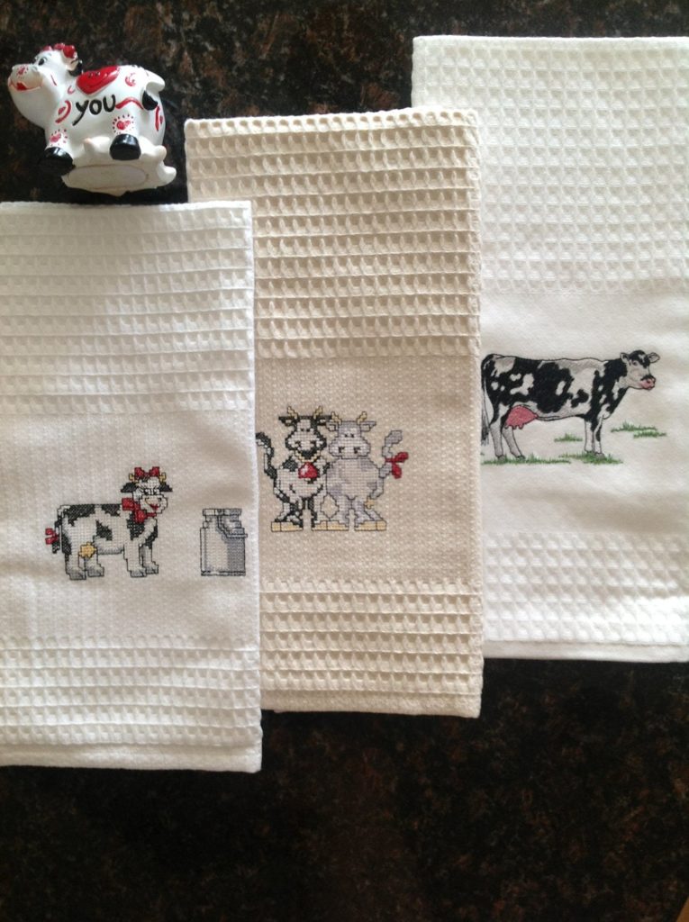 Happy cow kitchen towels, Embroidered cotton white towel with animals