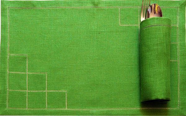 Green linen placemat. Handmade ajour Hemstitched table topper. Holiday table decor. Green chest cover. Dining table Decor Classical Linen