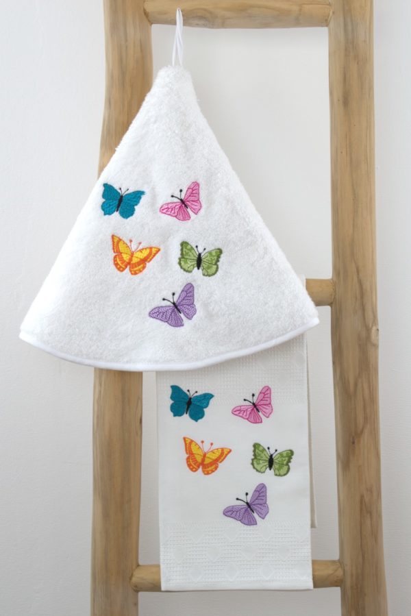 Embroidered round hand towel Butterflies